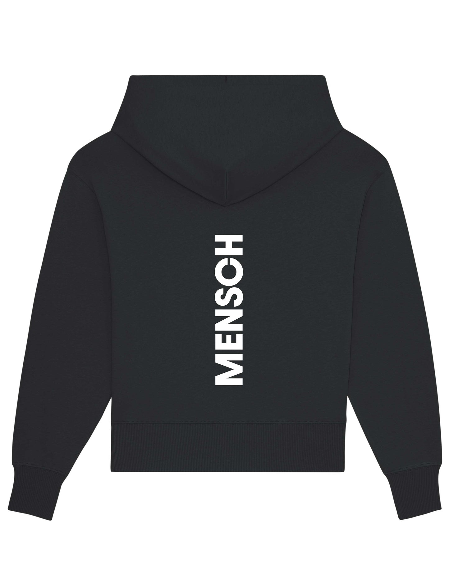 Freigestellter schwarzer Hoodie auf weißem Hintergrund. Mittig auf dem Rücken verläuft der schwarze Schriftzug „MENSCH“.