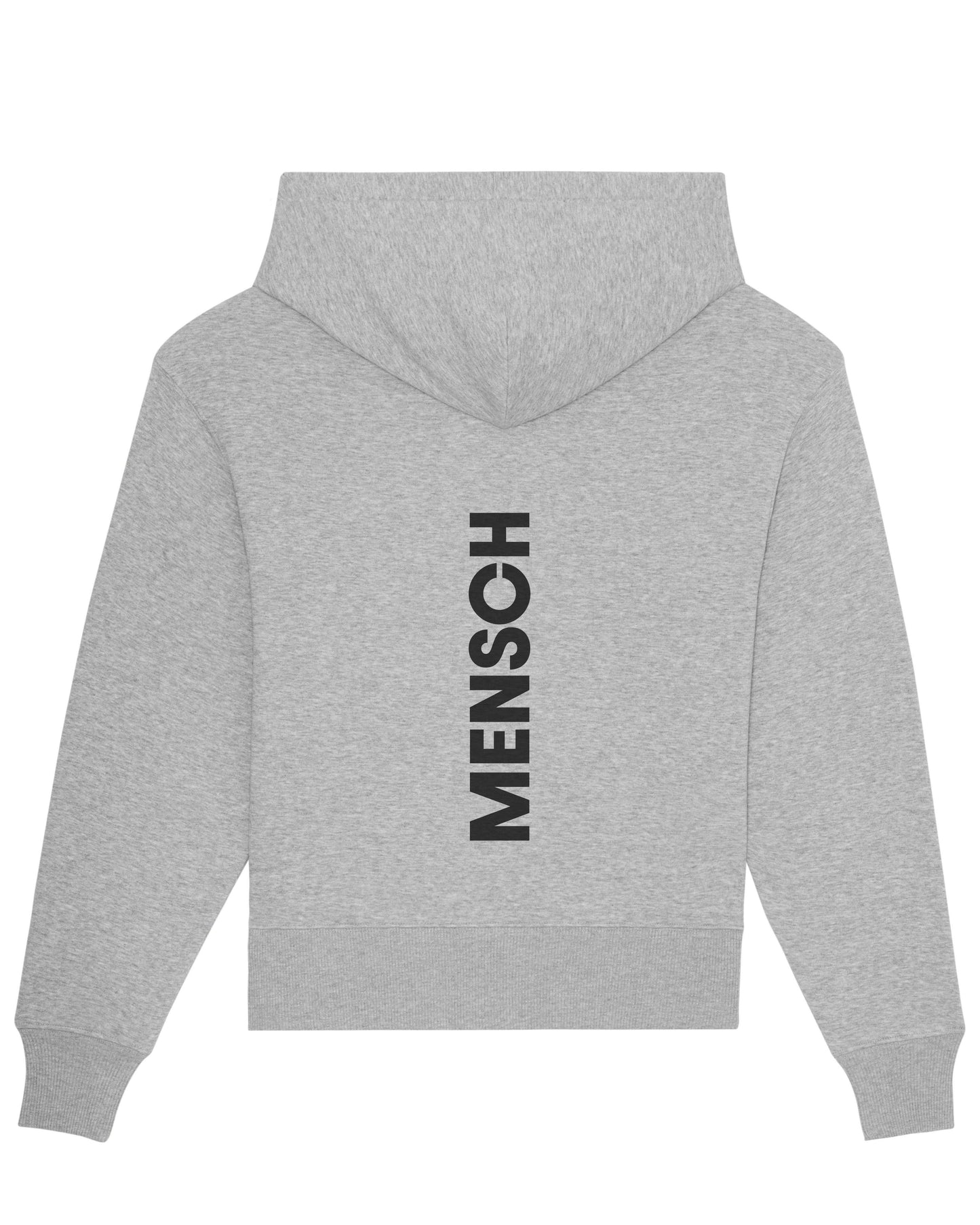 Freigestellter grauer Hoodie auf weißem Hintergrund. Mittig auf dem Rücken verläuft der schwarze Schriftzug „MENSCH“.