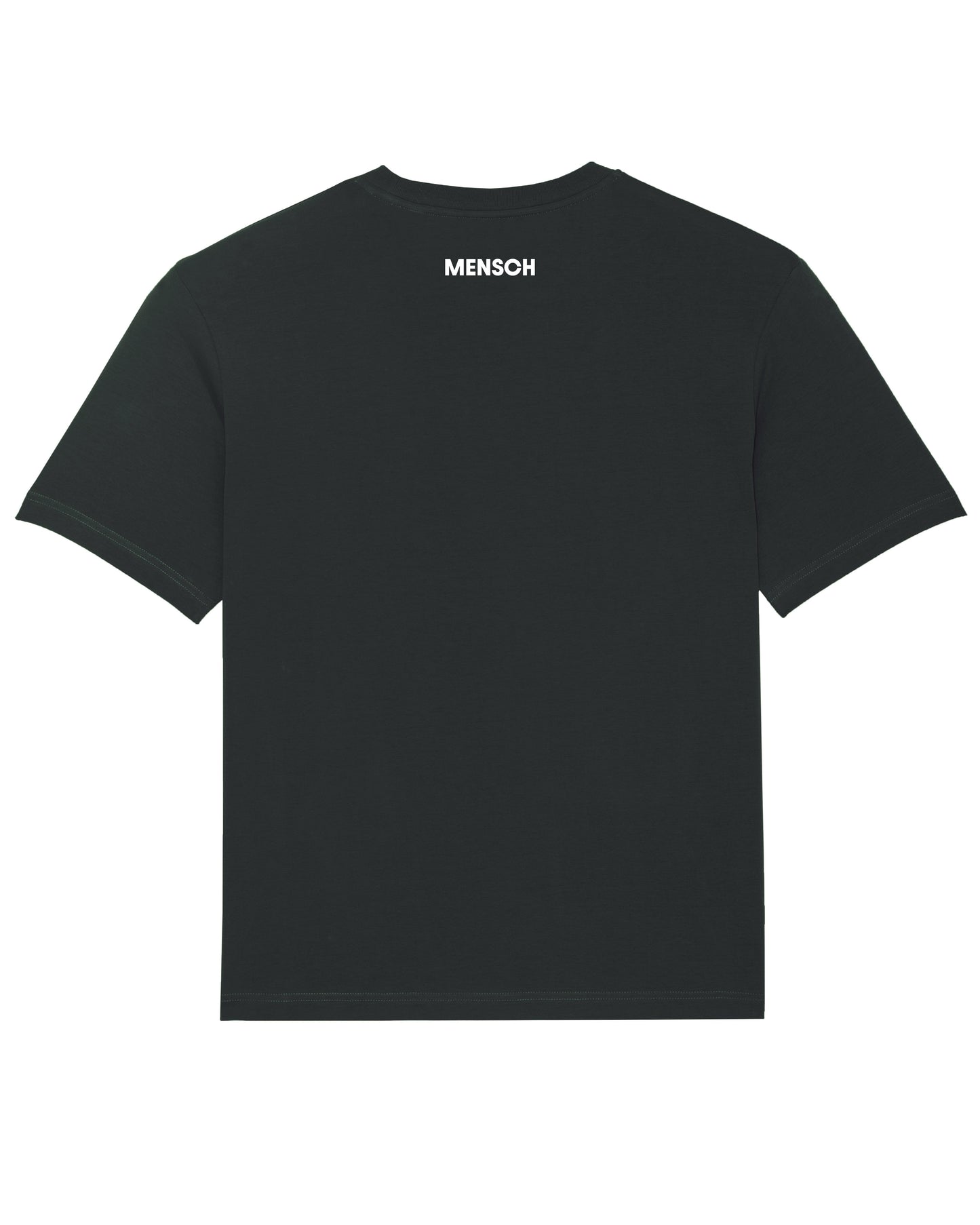 Freisteller eines schwarzen T-Shirts, Rückseite mit weißem „MENSCH“-Schriftzug im oberen Bereich.