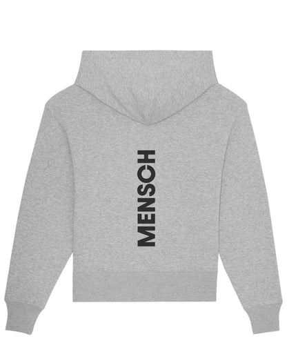 Freigestellter grauer Hoodie auf weißem Hintergrund. Mittig auf dem Rücken verläuft der schwarze Schriftzug „MENSCH“.